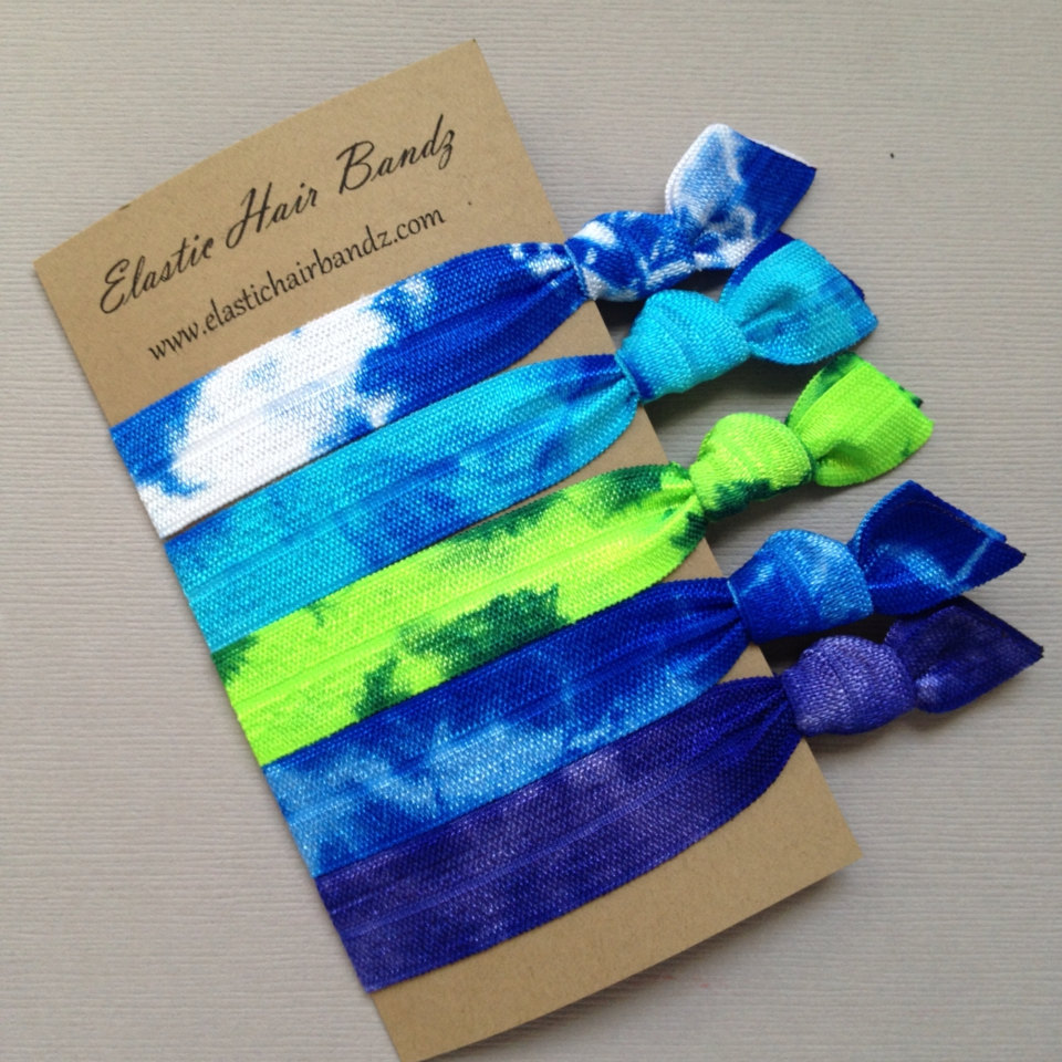 The Blue Green Tie Dye Hair Tie-Ponytail Holder Collection - 5 Elastic Hair Ties by Elastic Hair Bandz on Etsy